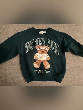 Zara Kids Dark Green Teddy Graphic Sweatshirt with Cream & Brown Accents